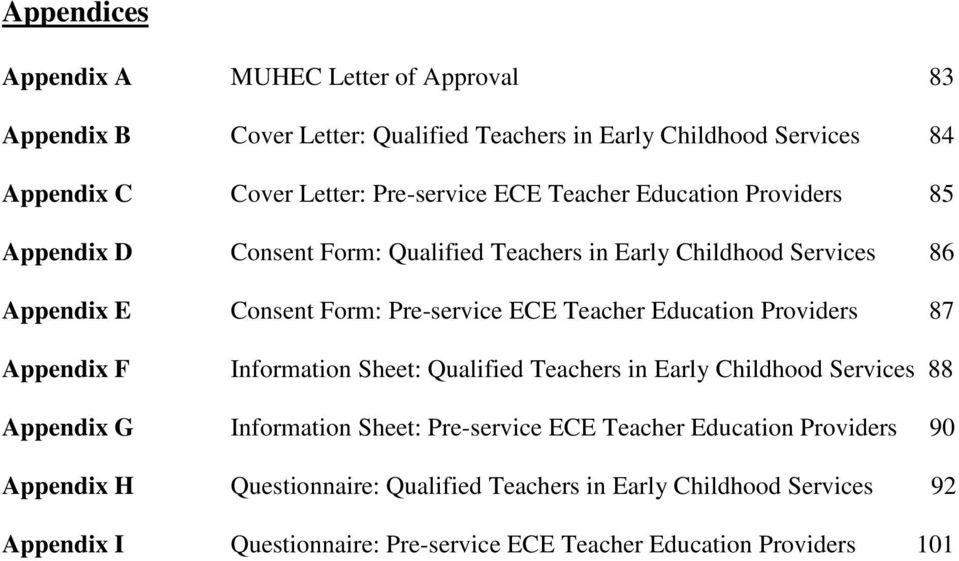 Education Providers 87 Appendix F Information Sheet: Qualified Teachers in Early Childhood Services 88 Appendix G Information Sheet: Pre-service ECE Teacher