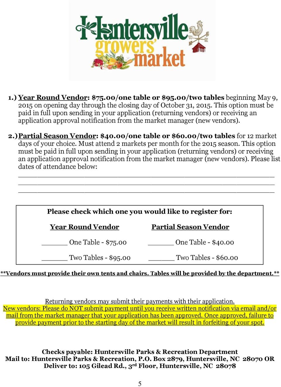 ) Partial Season Vendor: $40.00/one table or $60.00/two tables for 12 market days of your choice. Must attend 2 markets per month for the 2015 season.