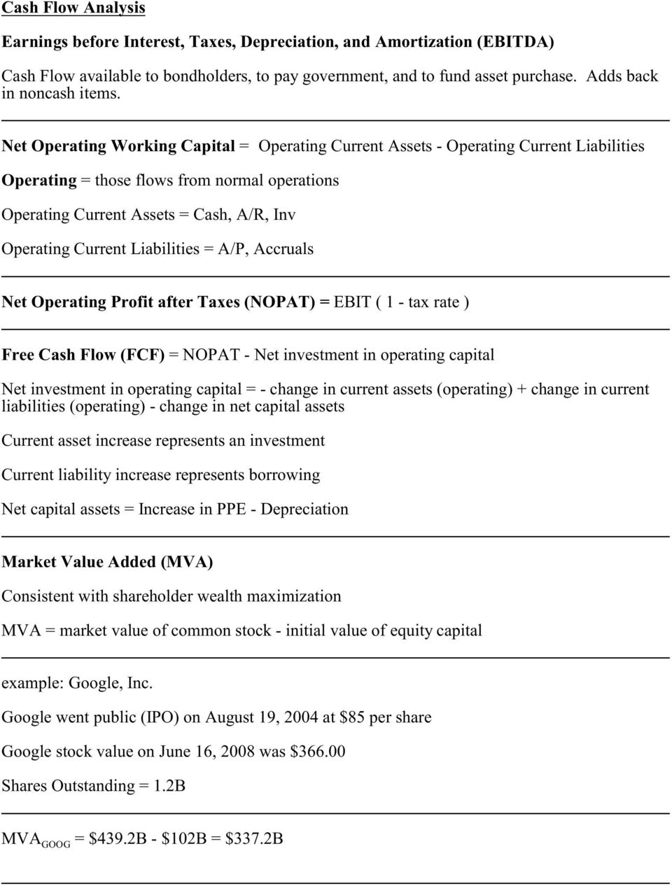 Net Operating Working Capital = Operating Current Assets - Operating Current Liabilities Operating = those flows from normal operations Operating Current Assets = Cash, A/R, Inv Operating Current