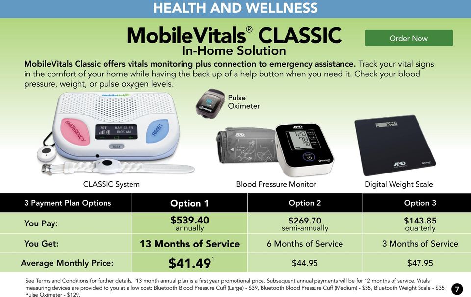 Pulse Oximeter Order Now CLASSIC System Blood Pressure Monitor Digital Weight Scale 3 Payment Plan Options Option 1 Option 2 Option 3 You Pay: $539.40 annually $269.70 semi-annually $143.