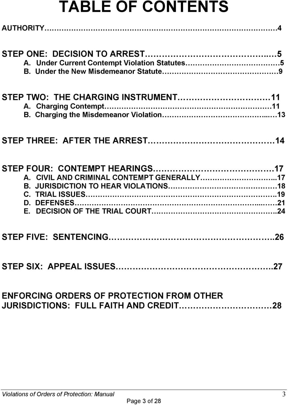 .. 13 STEP THREE: AFTER THE ARREST 14 STEP FOUR: CONTEMPT HEARINGS.17 A. CIVIL AND CRIMINAL CONTEMPT GENERALLY..17 B. JURISDICTION TO HEAR VIOLATIONS 18 C.