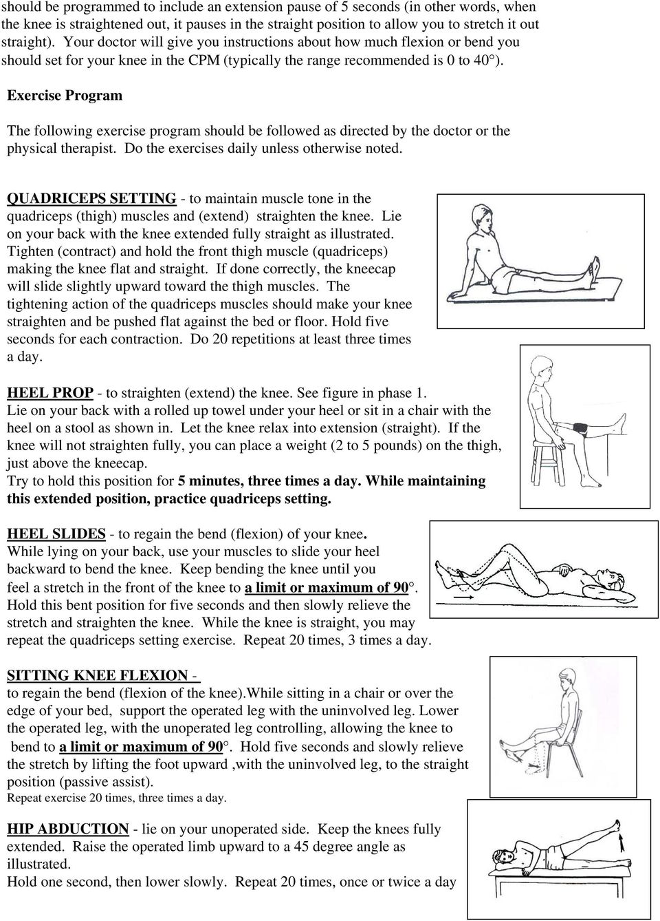 Exercise Program The following exercise program should be followed as directed by the doctor or the physical therapist. Do the exercises daily unless otherwise noted.