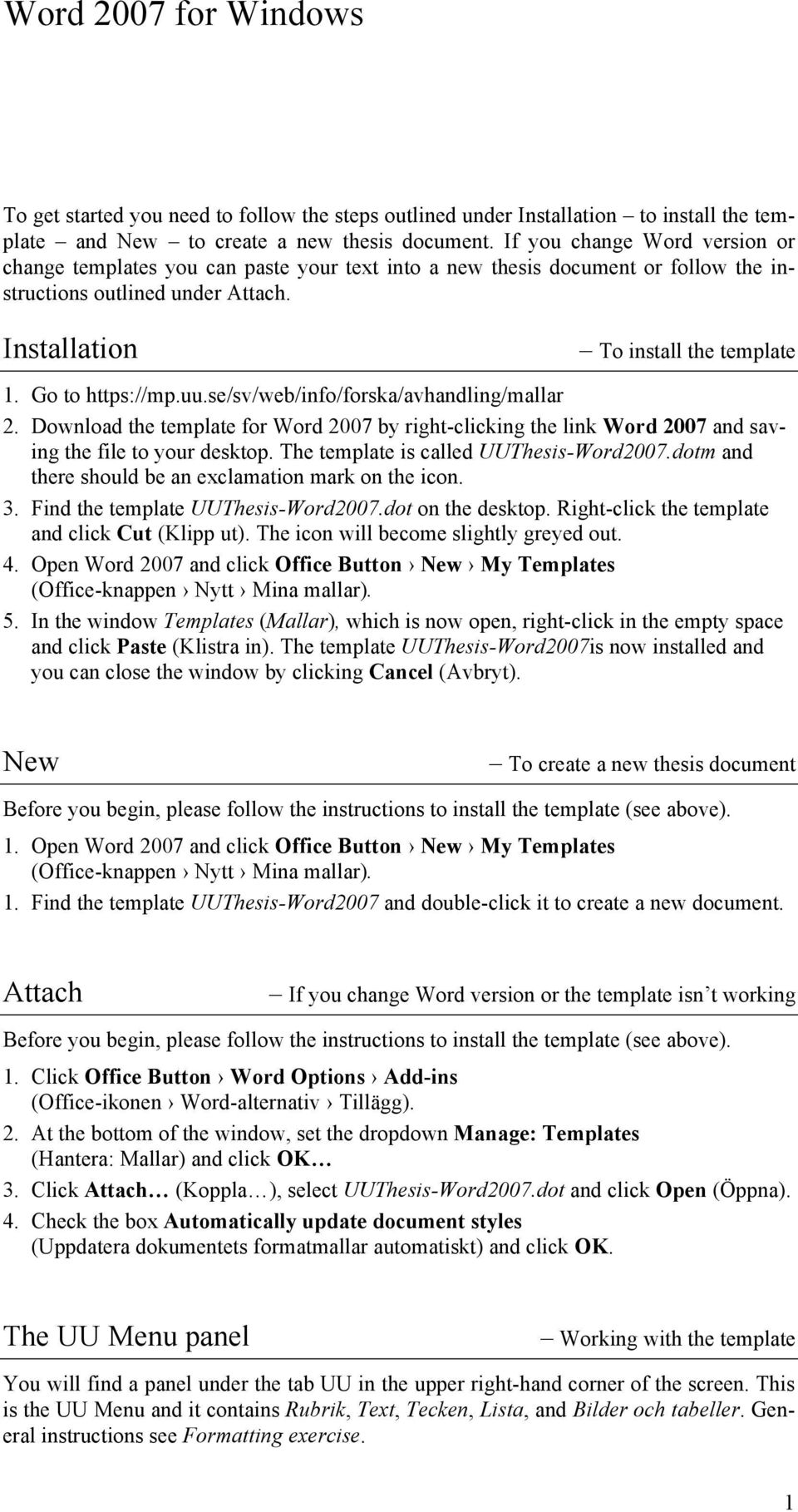 Installation guide. Uppsala University thesis template for Word In Button Template For Word