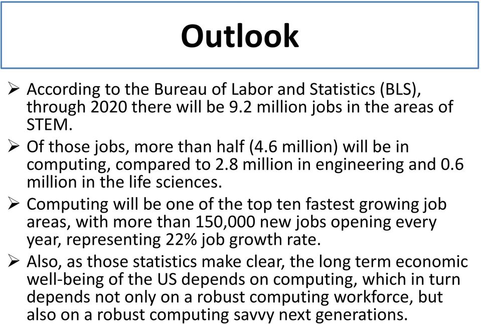 Computing will be one of the top ten fastest growing job areas, with more than 150,000 new jobs opening every year, representing 22% job growth rate.