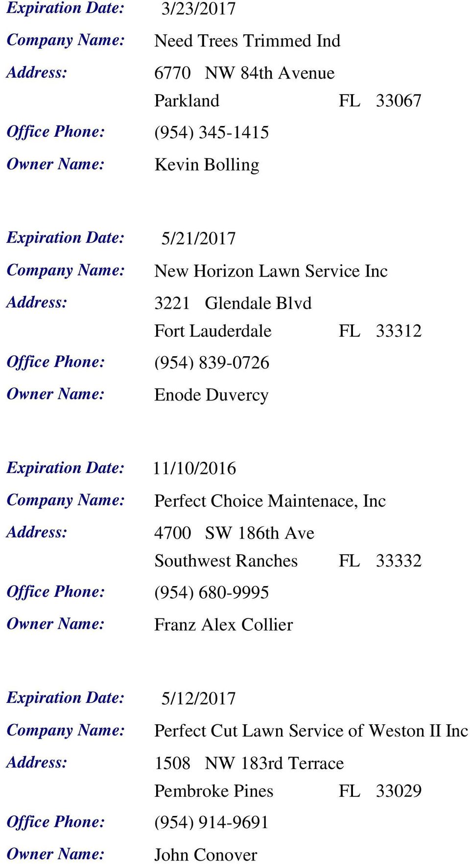 Date: 11/10/2016 Perfect Choice Maintenace, Inc Address: 4700 SW 186th Ave Southwest Ranches FL 33332 Office Phone: (954) 680-9995 Franz Alex Collier
