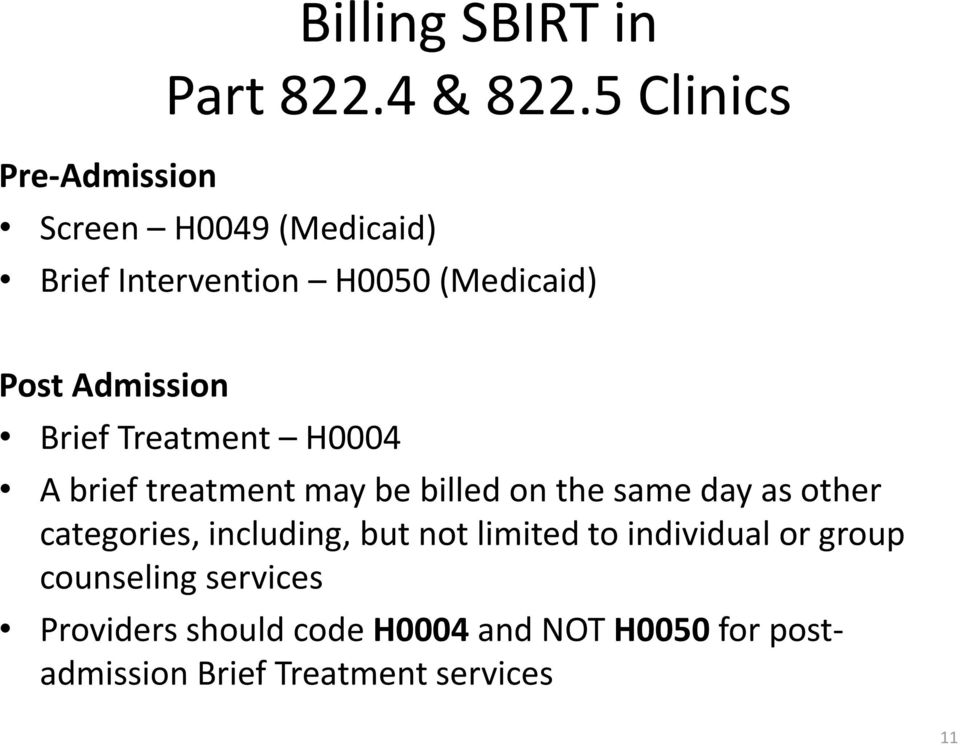 Admission Brief Treatment H0004 A brief treatment may be billed on the same day as other