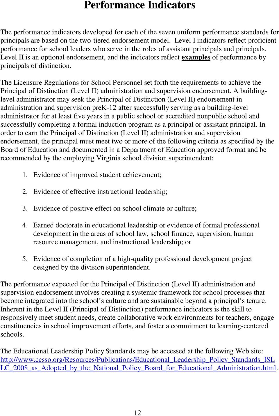 Level II is an optional endorsement, and the indicators reflect examples of performance by principals of distinction.