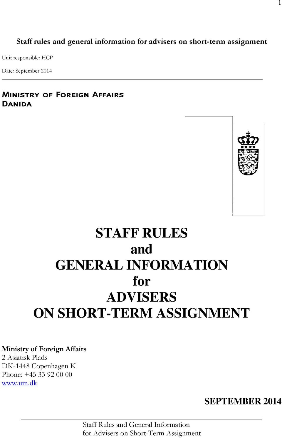 INFORMATION for ADVISERS ON SHORT-TERM ASSIGNMENT Ministry of Foreign