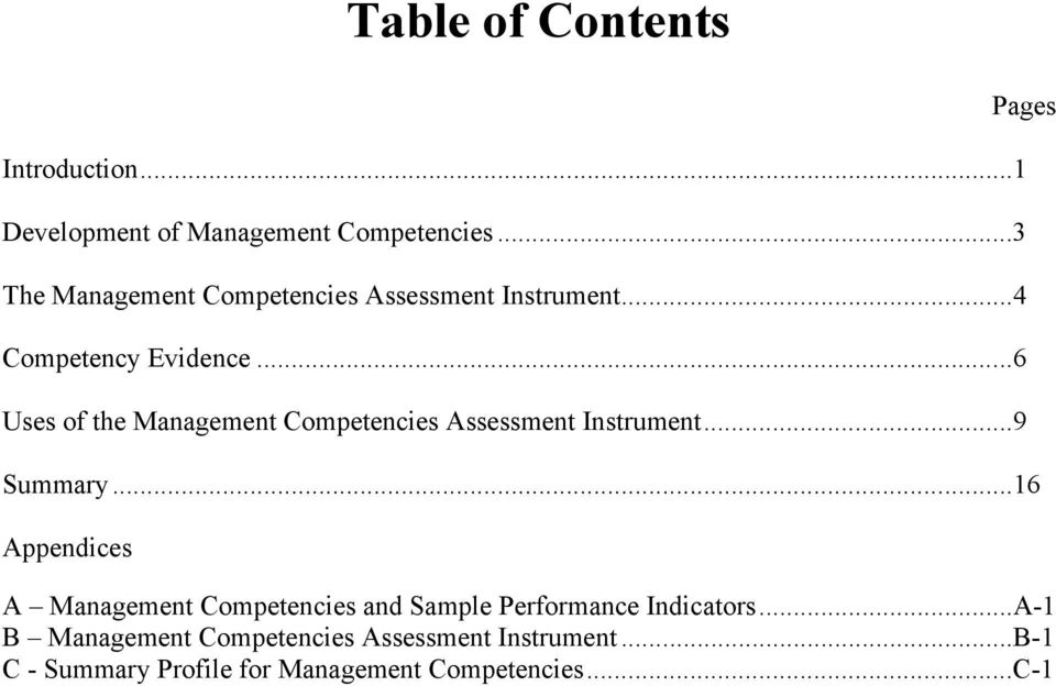 ..6 Uses of the Management Competencies Assessment Instrument...9 Summary.