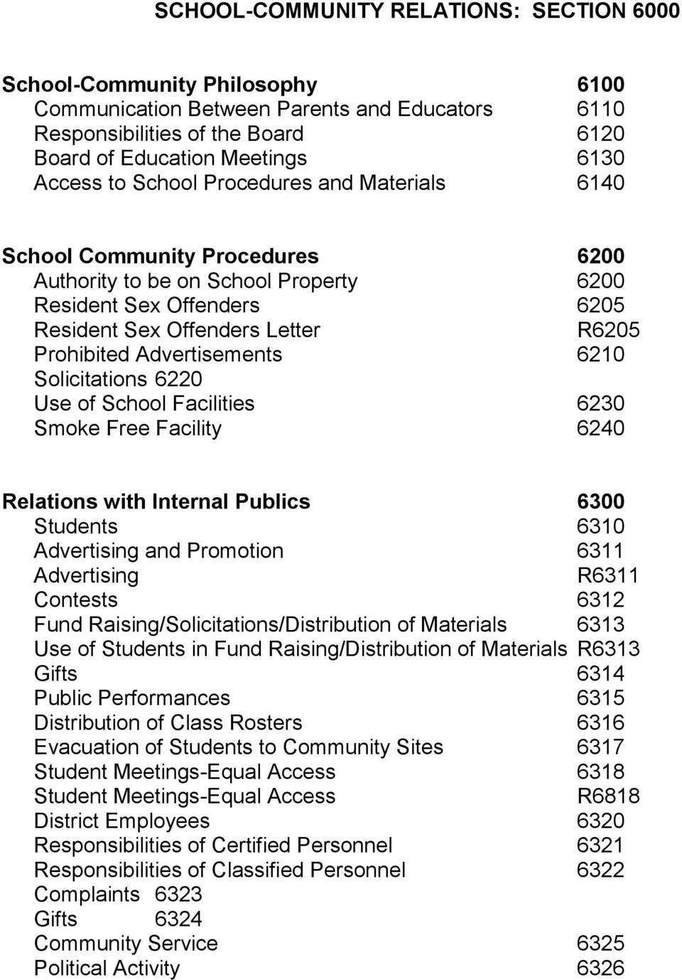 Advertisements 6210 Solicitations 6220 Use of School Facilities 6230 Smoke Free Facility 6240 Relations with Internal Publics 6300 Students 6310 Advertising and Promotion 6311 Advertising R6311