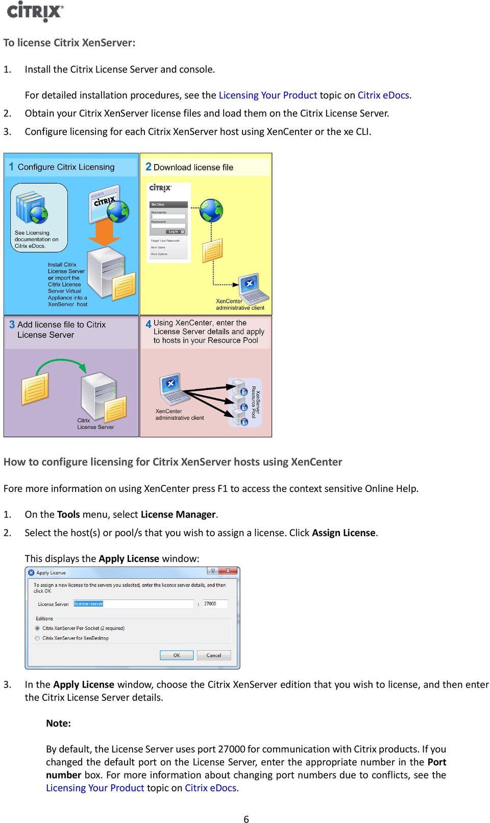How to configure licensing for Citrix XenServer hosts using XenCenter Fore more information on using XenCenter press F1 to access the context sensitive Online Help.