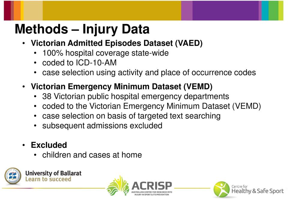 (VEMD) 38 Victorian public hospital emergency departments coded to the Victorian Emergency Minimum Dataset