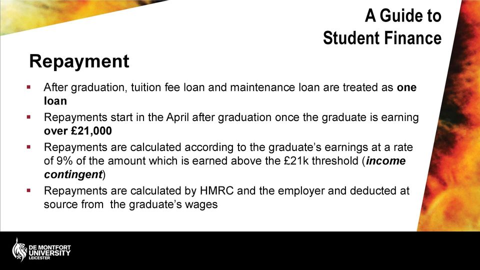 to the graduate s earnings at a rate of 9% of the amount which is earned above the 21k threshold (income