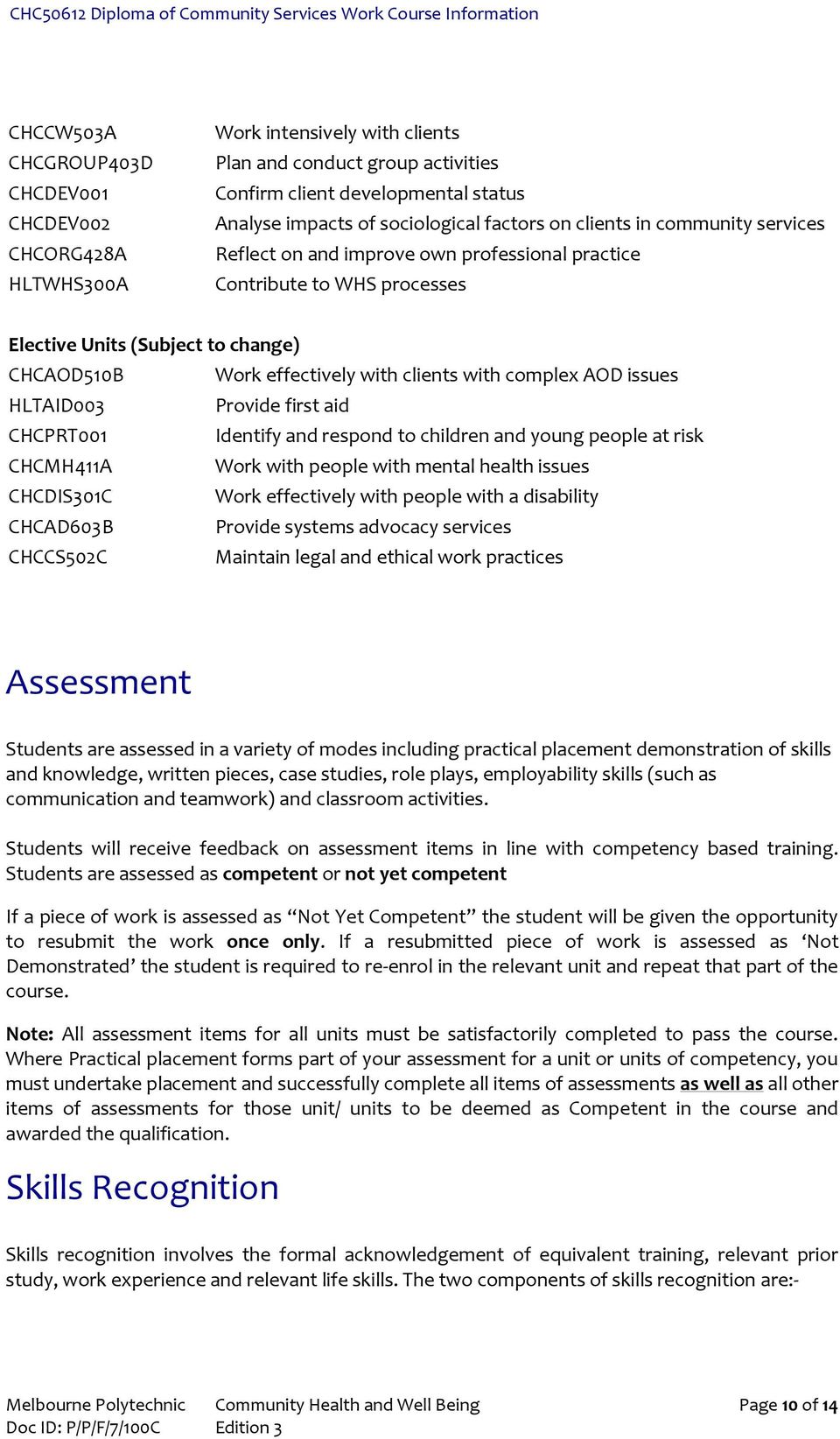 complex AOD issues HLTAID003 Provide first aid CHCPRT001 Identify and respond to children and young people at risk CHCMH411A Work with people with mental health issues CHCDIS301C Work effectively