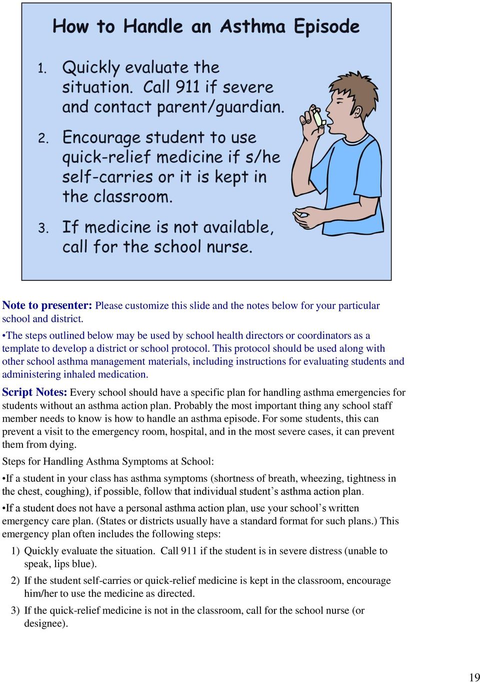 This protocol should be used along with other school asthma management materials, including instructions for evaluating students and administering inhaled medication.