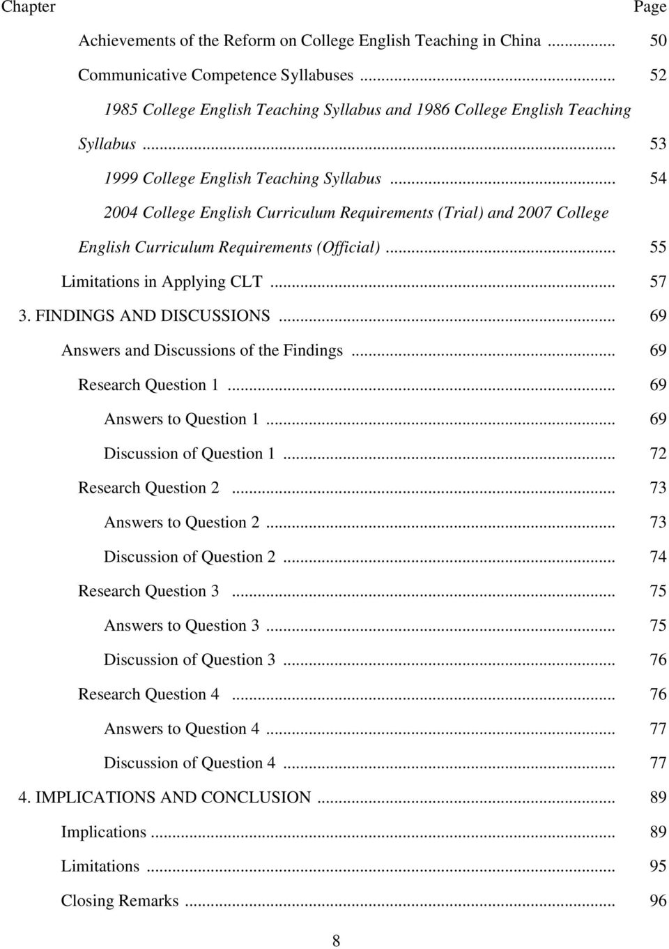 .. 54 2004 College English Curriculum Requirements (Trial) and 2007 College English Curriculum Requirements (Official)... 55 Limitations in Applying CLT... 57 3. FINDINGS AND DISCUSSIONS.