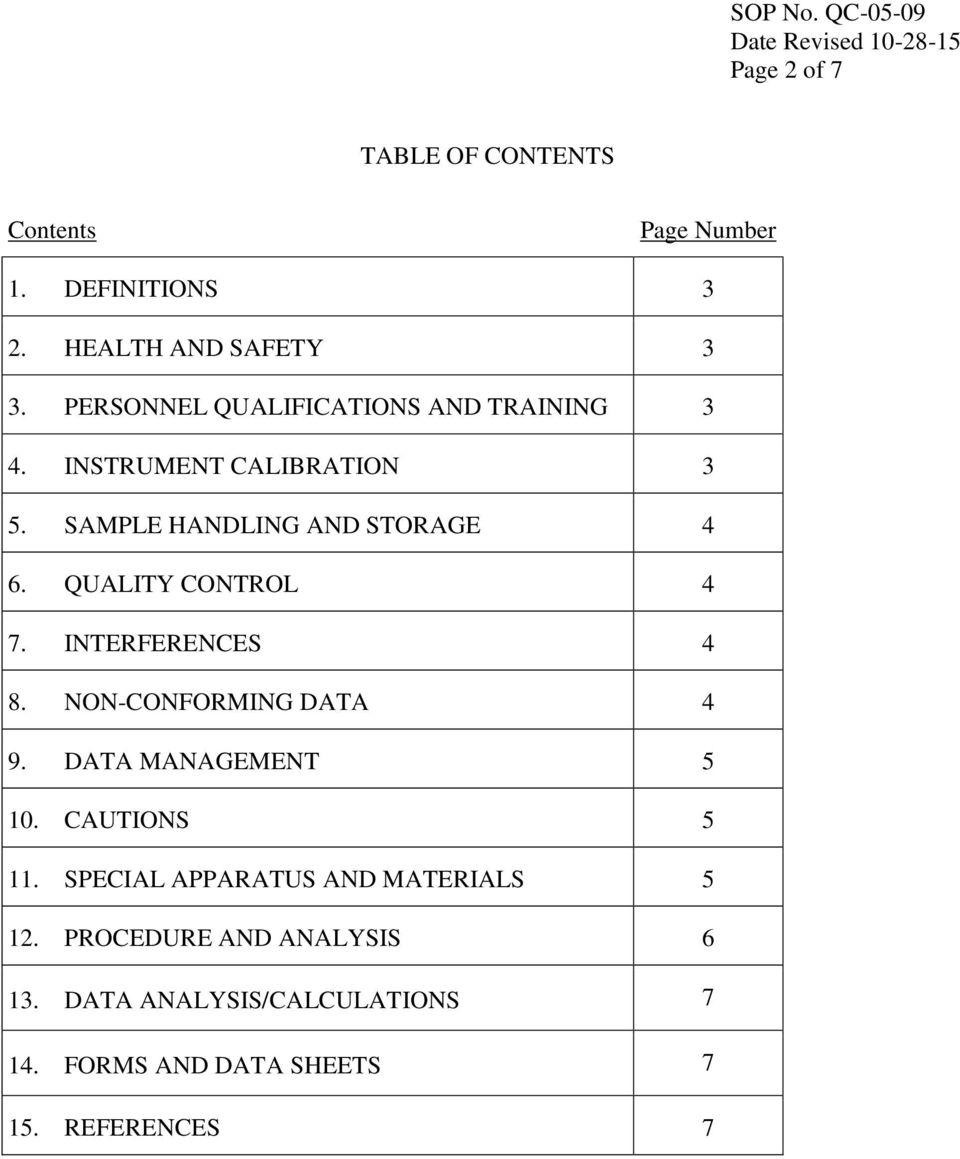 QUALITY CONTROL 4 7. INTERFERENCES 4 8. NON-CONFORMING DATA 4 9. DATA MANAGEMENT 5 10. CAUTIONS 5 11.