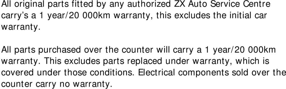 All parts purchased over the counter will carry a 1 year/20 000km warranty.