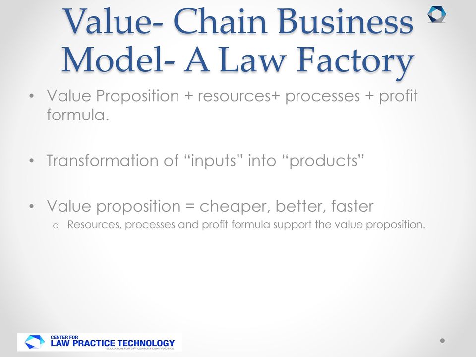Transformation of inputs into products Value proposition =