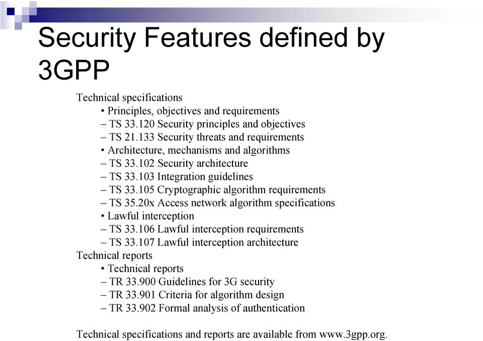 105 Cryptographic algorithm requirements TS 35.20x Access network algorithm specifications Lawful interception TS 33.106 Lawful interception requirements TS 33.