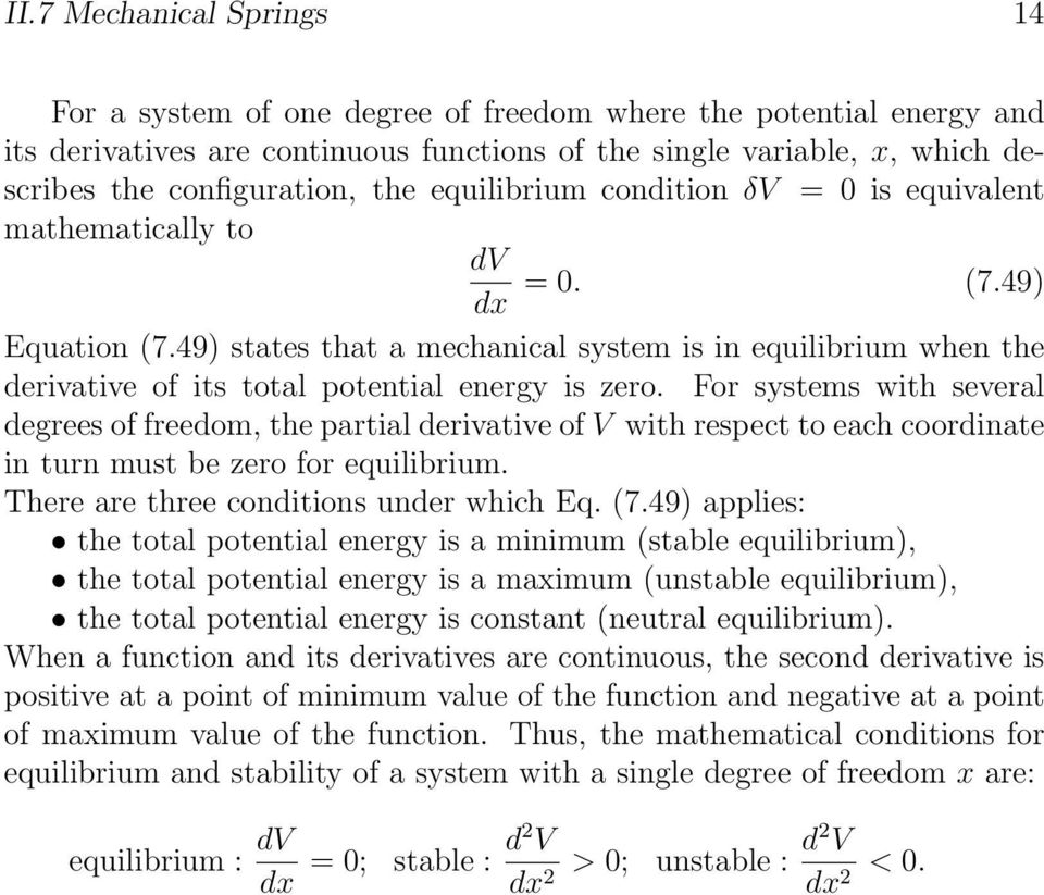 49) states that a mechanical system is in equilibrium when the derivative of its total potential energy is zero.
