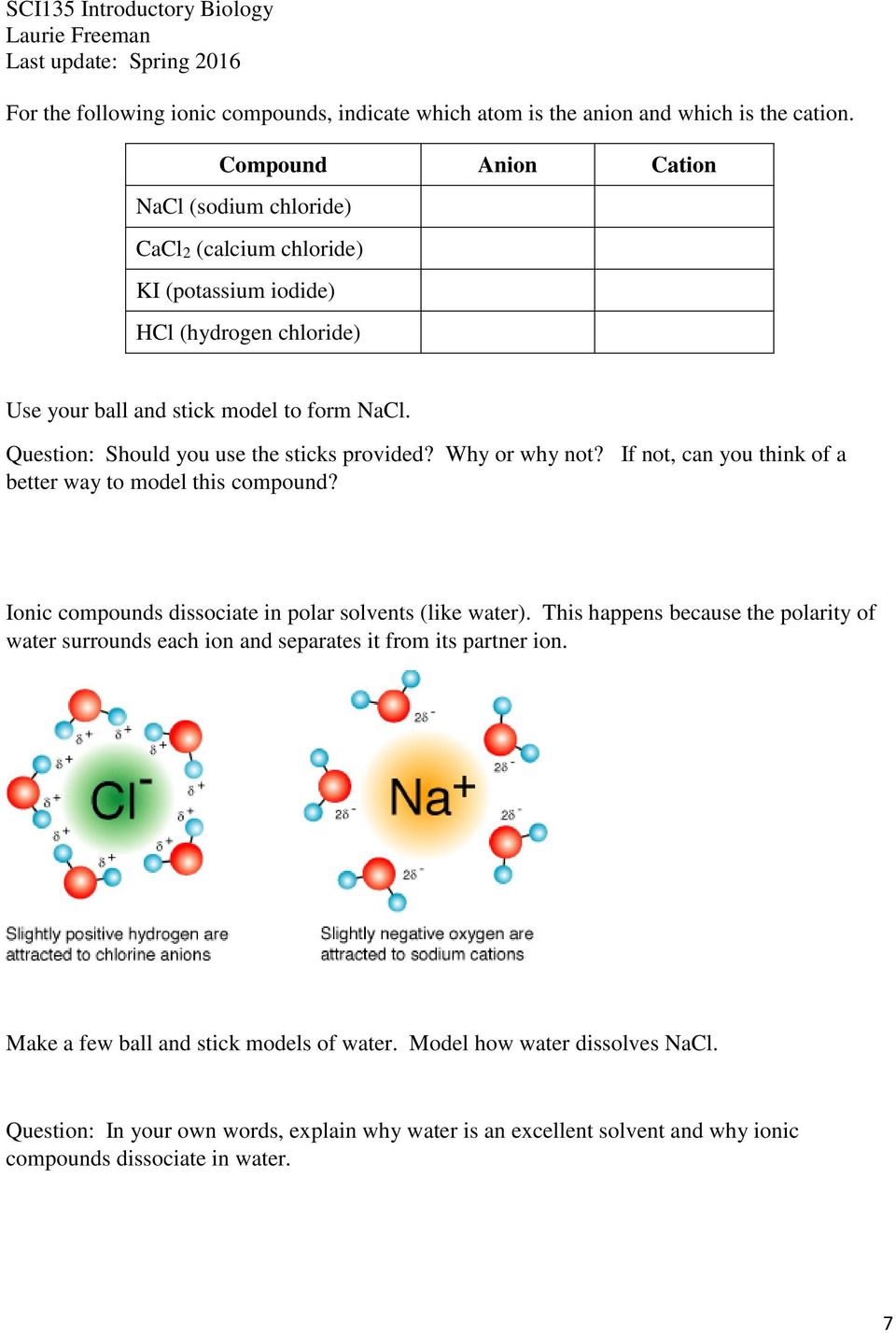 Question: Should you use the sticks provided? Why or why not? If not, can you think of a better way to model this compound? Ionic compounds dissociate in polar solvents (like water).