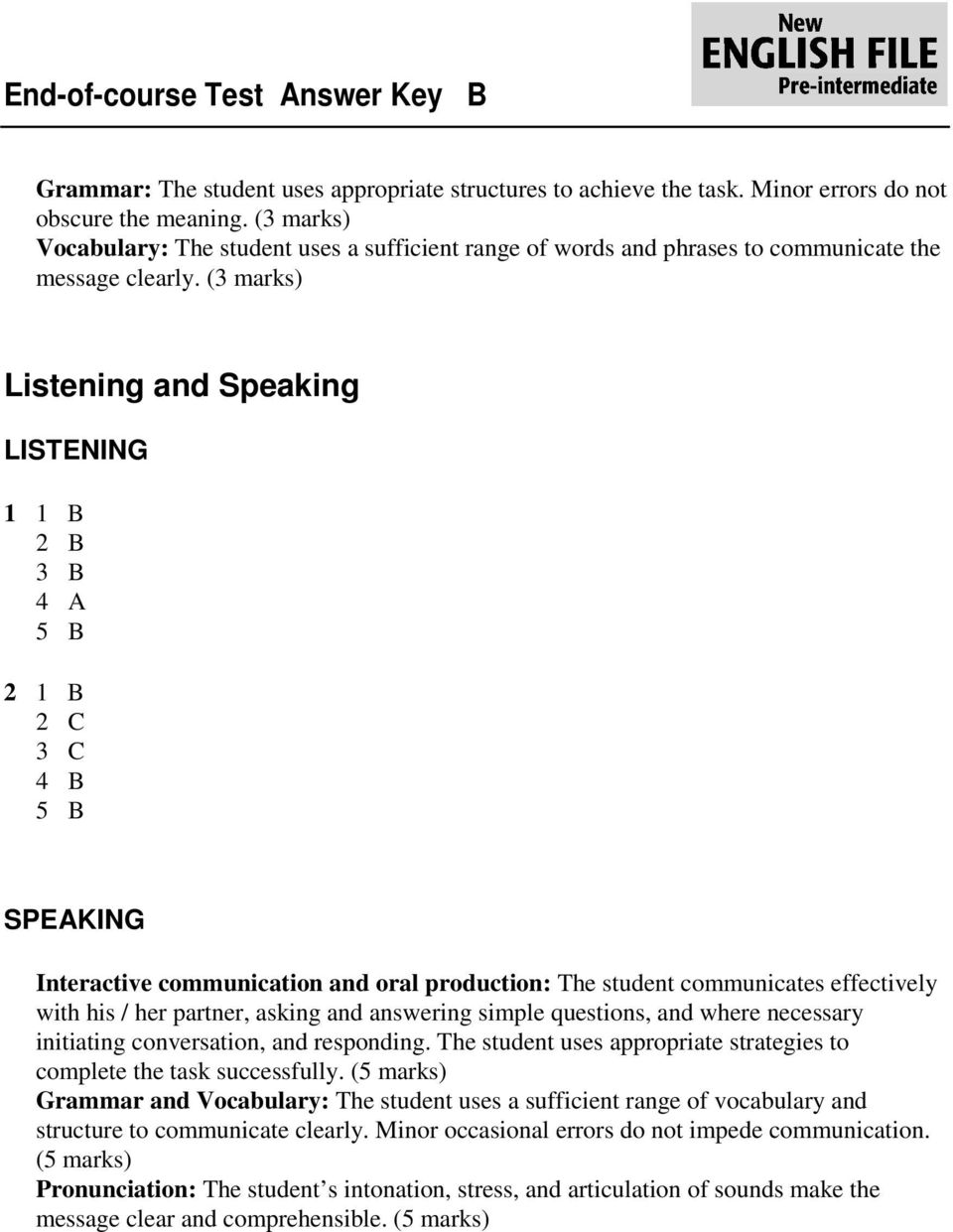 (3 marks) Listening and Speaking LISTENING 1 1 B 2 B 3 B 4 A 5 B 2 1 B 2 C 3 C 4 B 5 B SPEAKING Interactive communication and oral production: The student communicates effectively with his / her