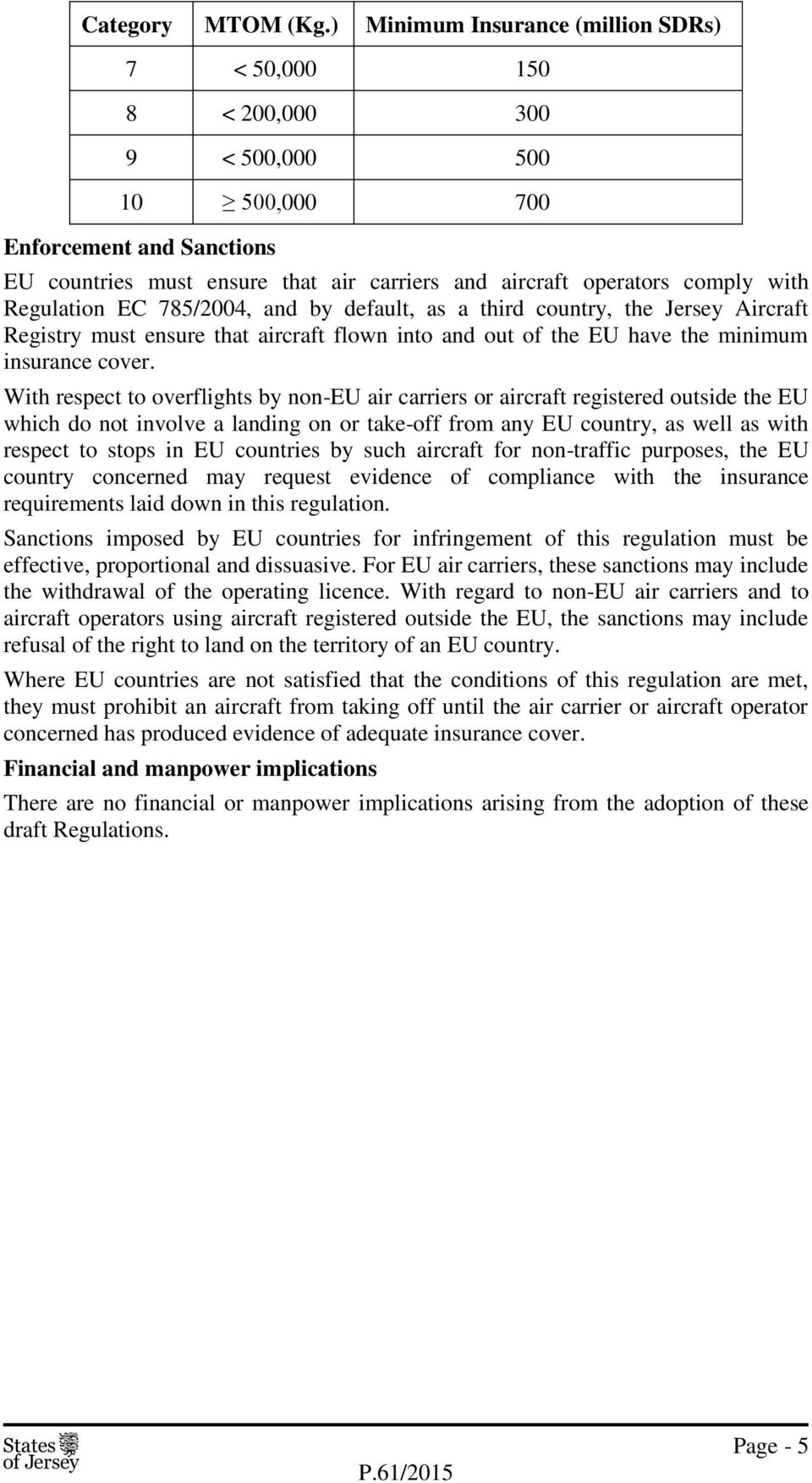 with Regulation EC 785/2004, and by default, as a third country, the Jersey Aircraft Registry must ensure that aircraft flown into and out of the EU have the minimum insurance cover.