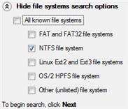 77 To know more on the available search methods, please use the context sensitive hint system. File system filter. By default, the wizard will search for all known file systems.