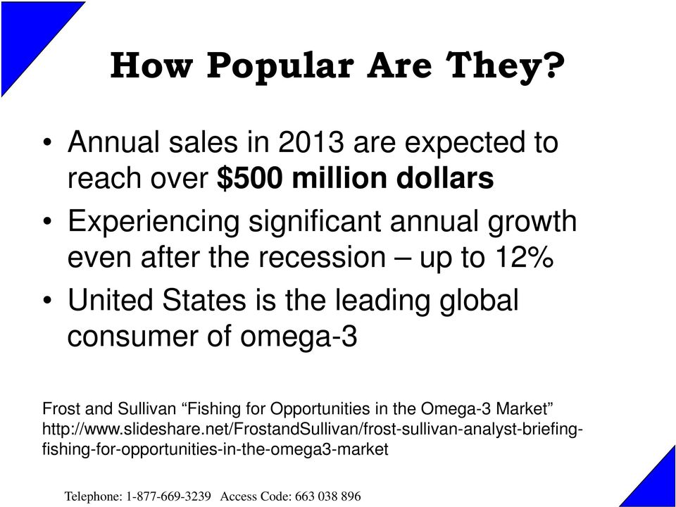 growth even after the recession up to 12% United States is the leading global consumer of omega-3