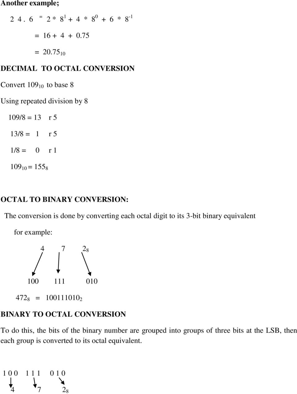 OCTAL TO BINARY CONVERSION: The conversion is done by converting each octal digit to its 3-bit binary equivalent for example: 4 7 2 8 100 111 010