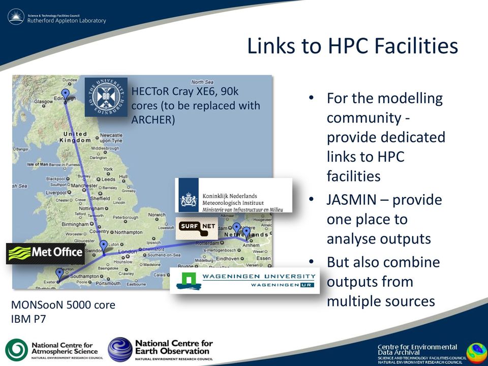 - provide dedicated links to HPC facilities JASMIN provide one