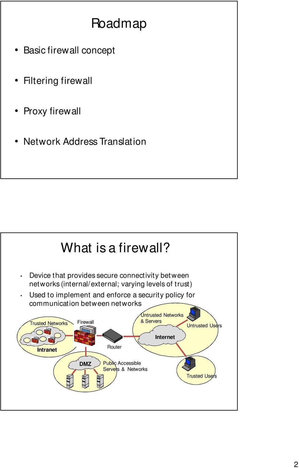 implement and enforce a security policy for communication between networks Trusted Networks Firewall Untrusted