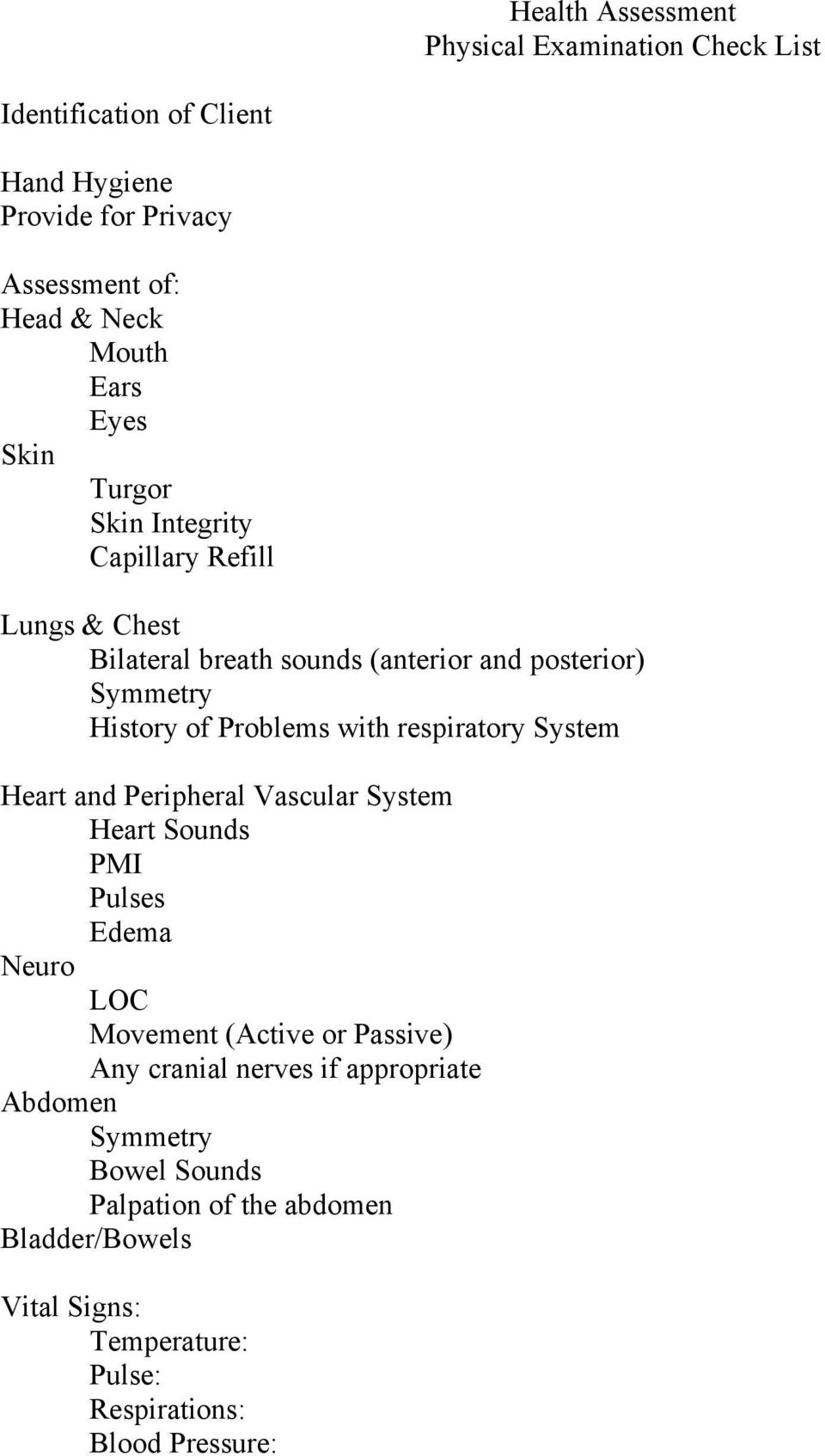 respiratory System Heart and Peripheral Vascular System Heart Sounds PMI Pulses Edema Neuro LOC Movement (Active or Passive) Any cranial nerves