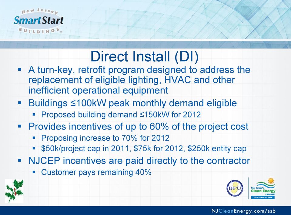 for 2012 Provides incentives of up to 60% of the project cost Proposing increase to 70% for 2012 $50k/project cap in