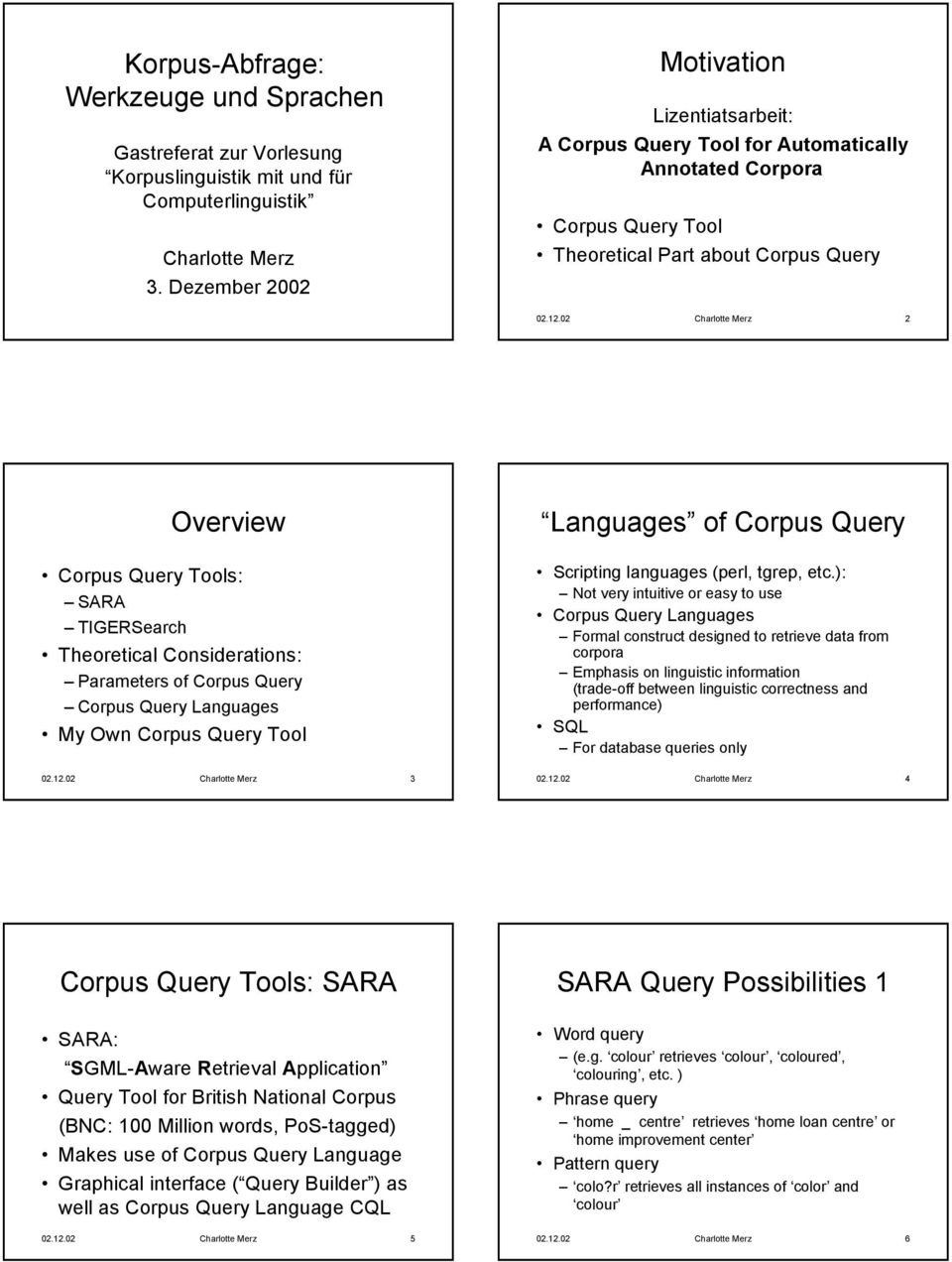 02 Charlotte Merz 2 Overview Corpus Query Tools: SARA Theoretical Considerations: Parameters of Corpus Query Corpus Query Languages My Own Corpus Query Tool Languages of Corpus Query Scripting