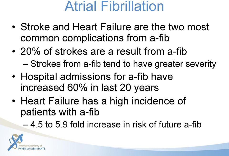 severity Hospital admissions for a-fib have increased 60% in last 20 years Heart Failure