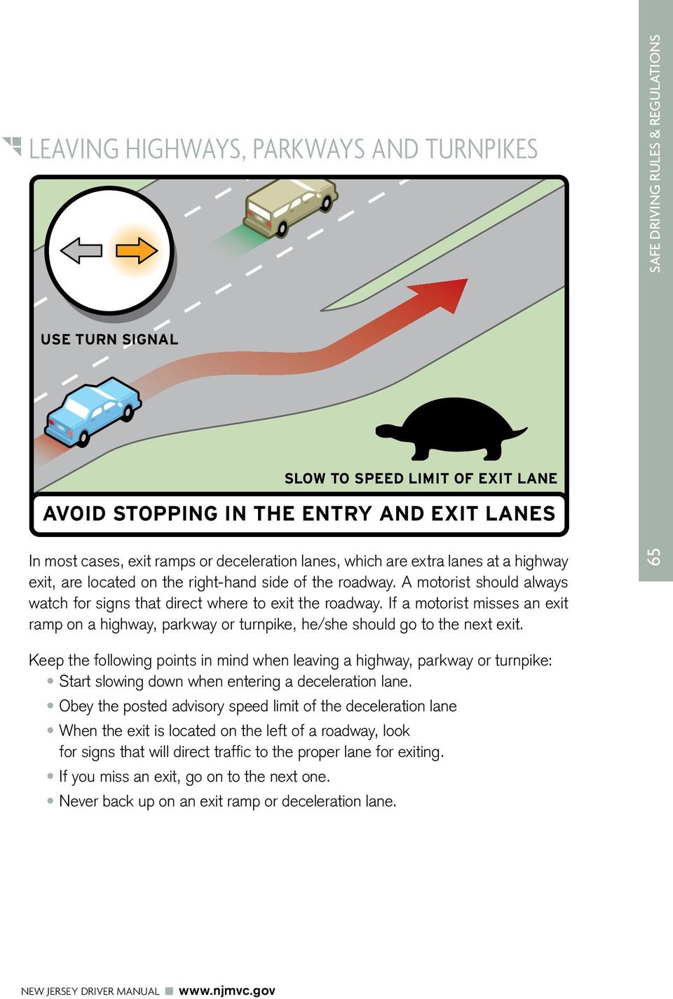 A motorist should always watch for signs that direct where to exit the roadway. If a motorist misses an exit ramp on a highway, parkway or turnpike, he/she should go to the next exit.