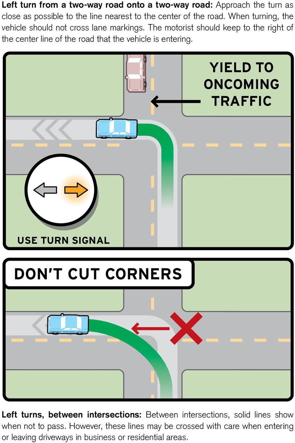 The motorist should keep to the right of the center line of the road that the vehicle is entering.