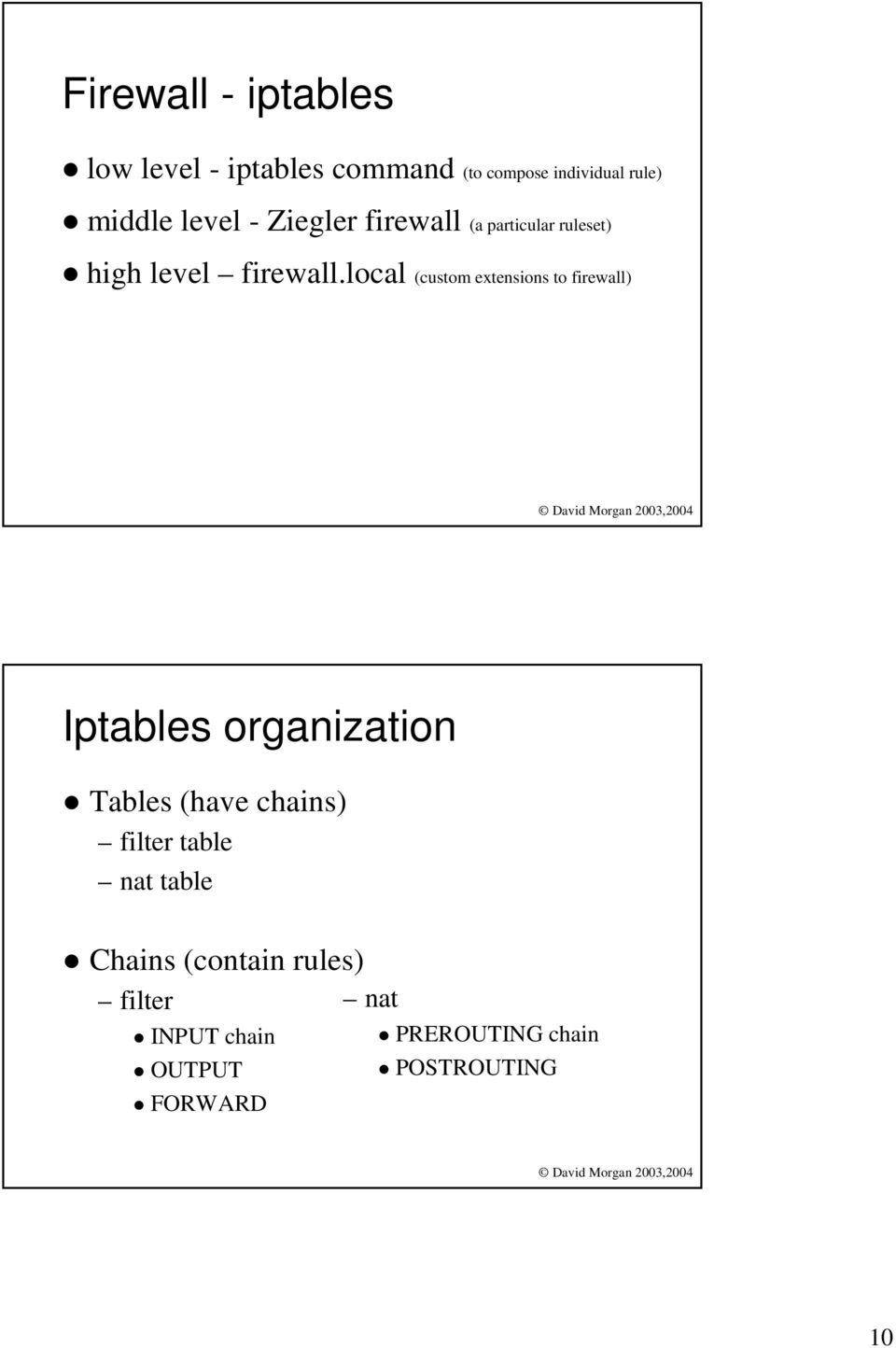 extensions to firewall) Iptables organization Tables (have chains) filter table nat