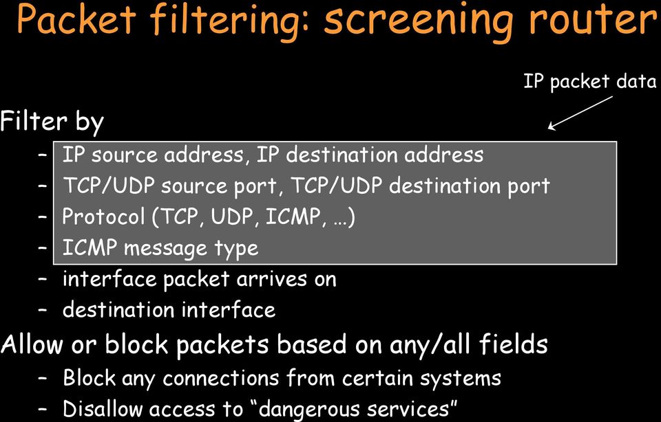 interface packet arrives on destination interface Allow or block packets based on any/all