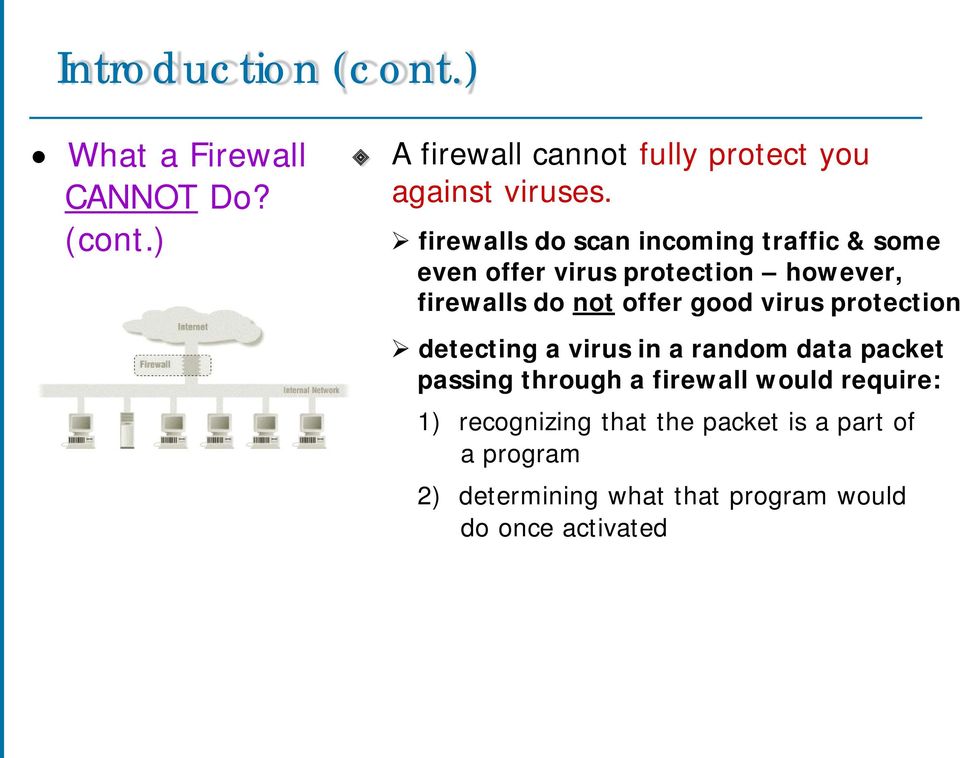 virus protection detecting a virus in a random data packet passing through a firewall would require: 1)