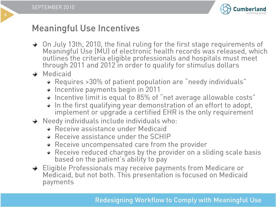begin in 2011 Incentive limit is equal to 85% of net average allowable costs In the first qualifying year demonstration of an effort to adopt, implement or upgrade a certified EHR is the only