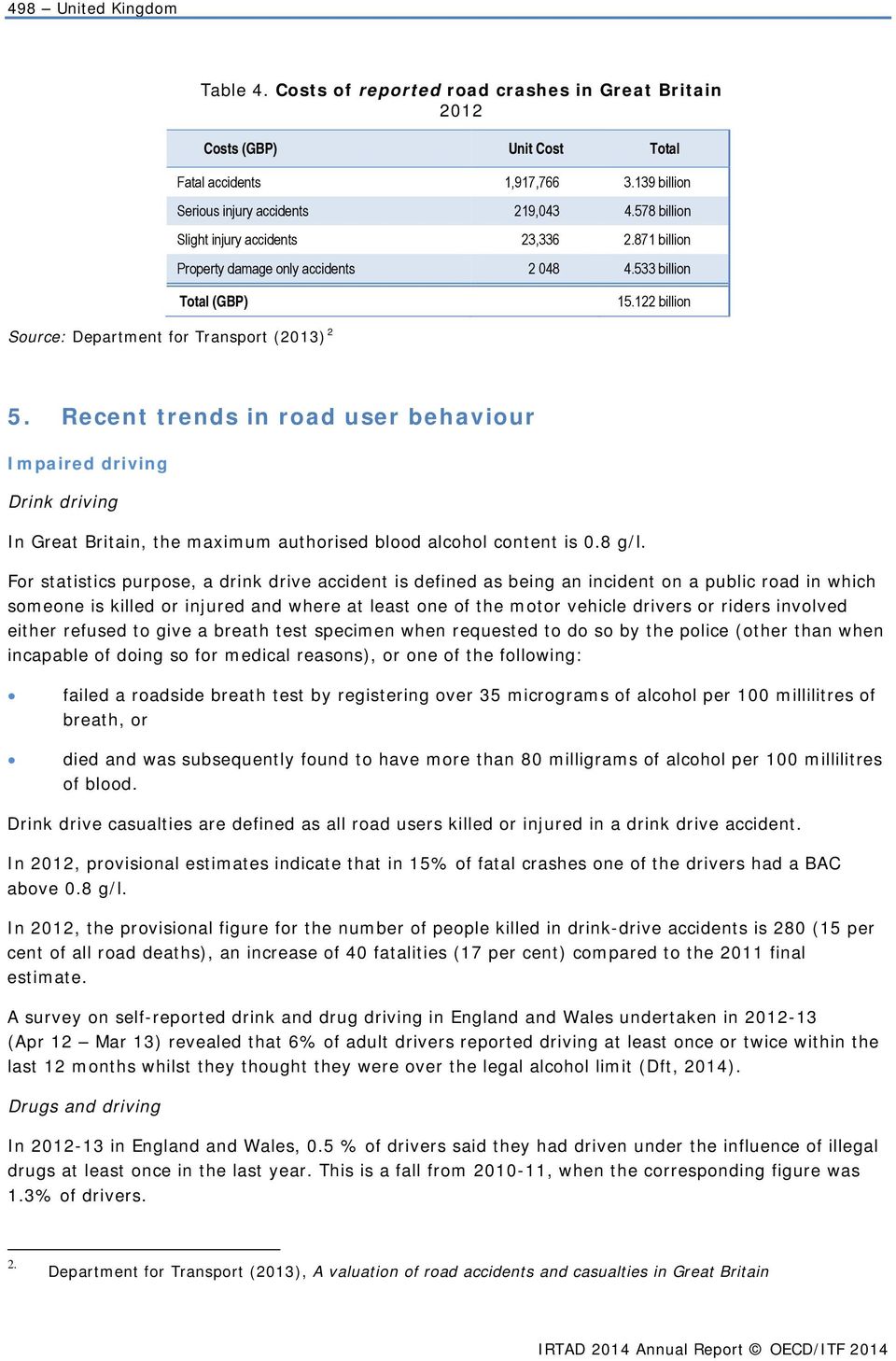 Recent trends in road user behaviour Impaired driving Drink driving In Great Britain, the maximum authorised blood alcohol content is 0.8 g/l.