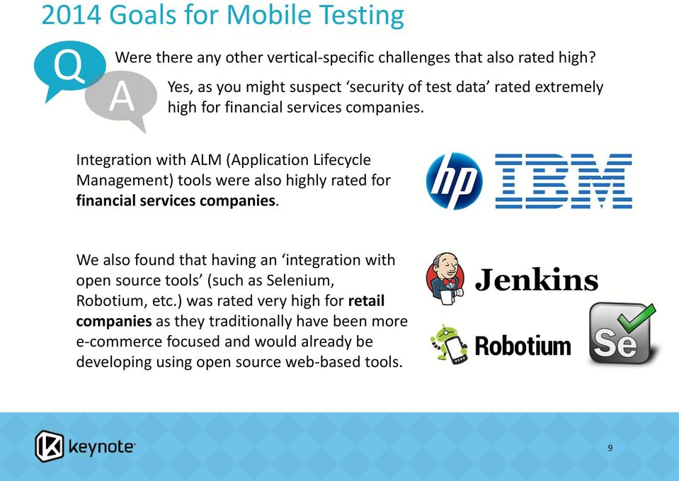 Integration with ALM (Application Lifecycle Management) tools were also highly rated for financial services companies.