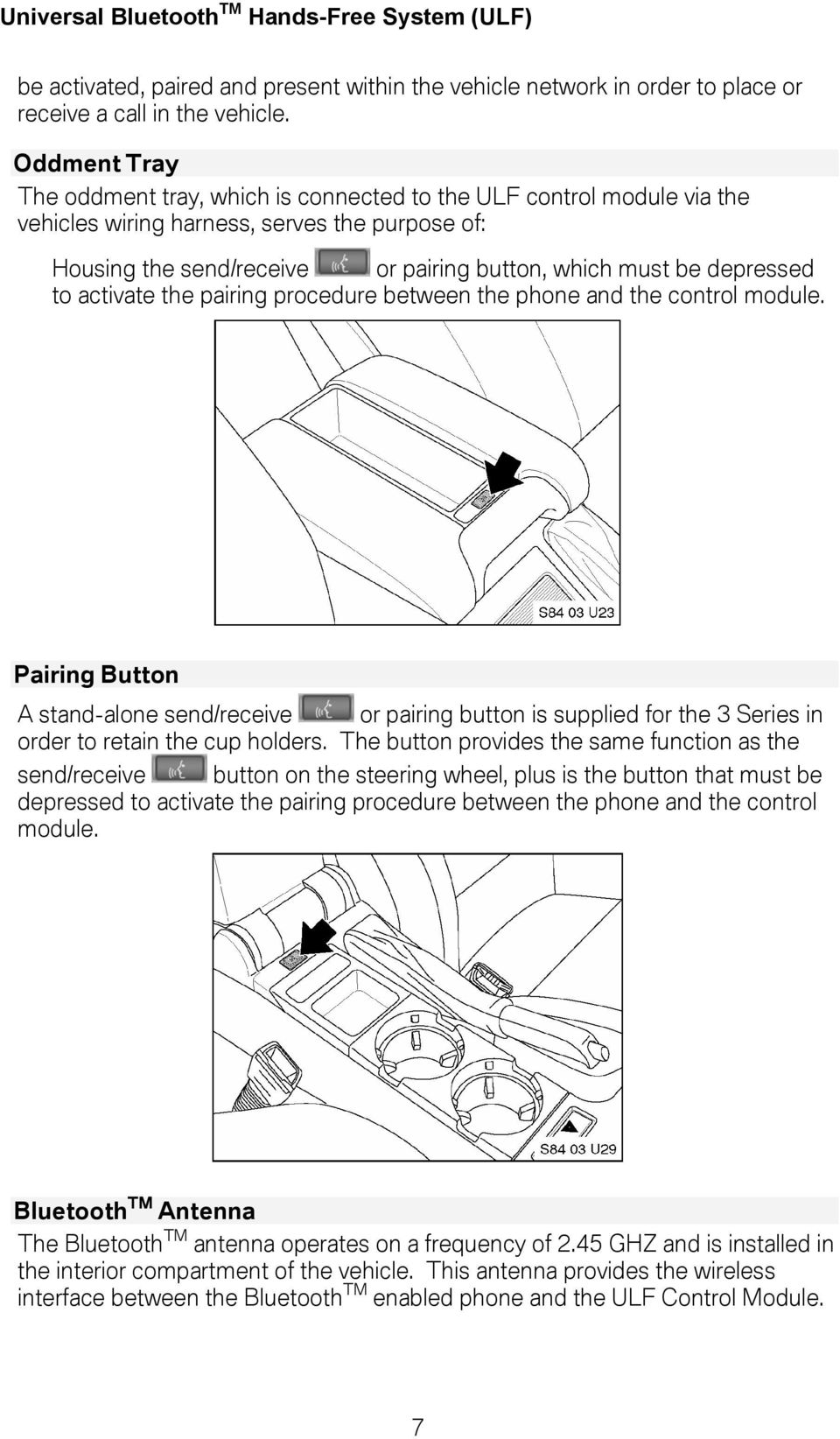 to activate the pairing procedure between the phone and the control module. Pairing Button A stand-alone send/receive or pairing button is supplied for the 3 Series in order to retain the cup holders.