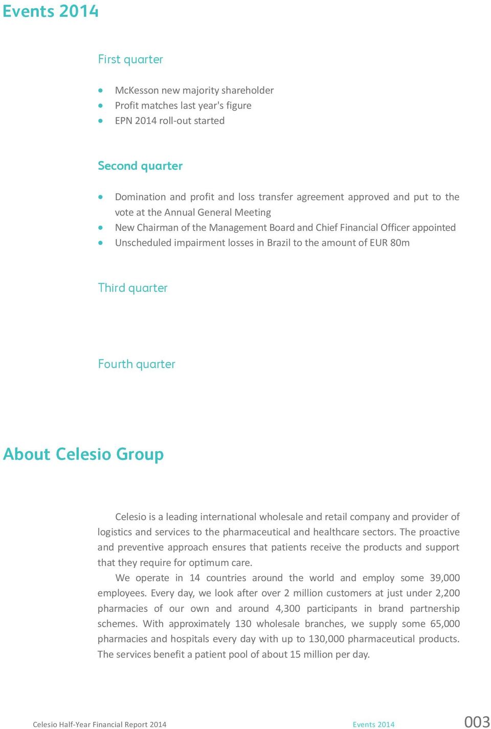 Fourth quarter About Celesio Group Celesio is a leading international wholesale and retail company and provider of logistics and services to the pharmaceutical and healthcare sectors.