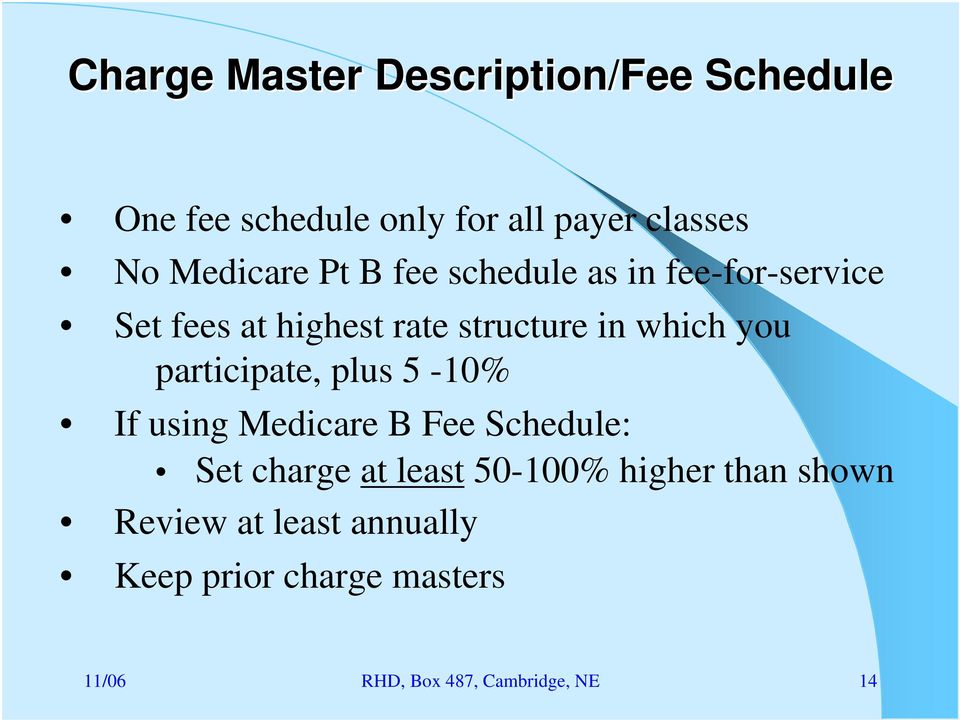 you participate, plus 5-10% If using Medicare B Fee Schedule: Set charge at least 50-100%