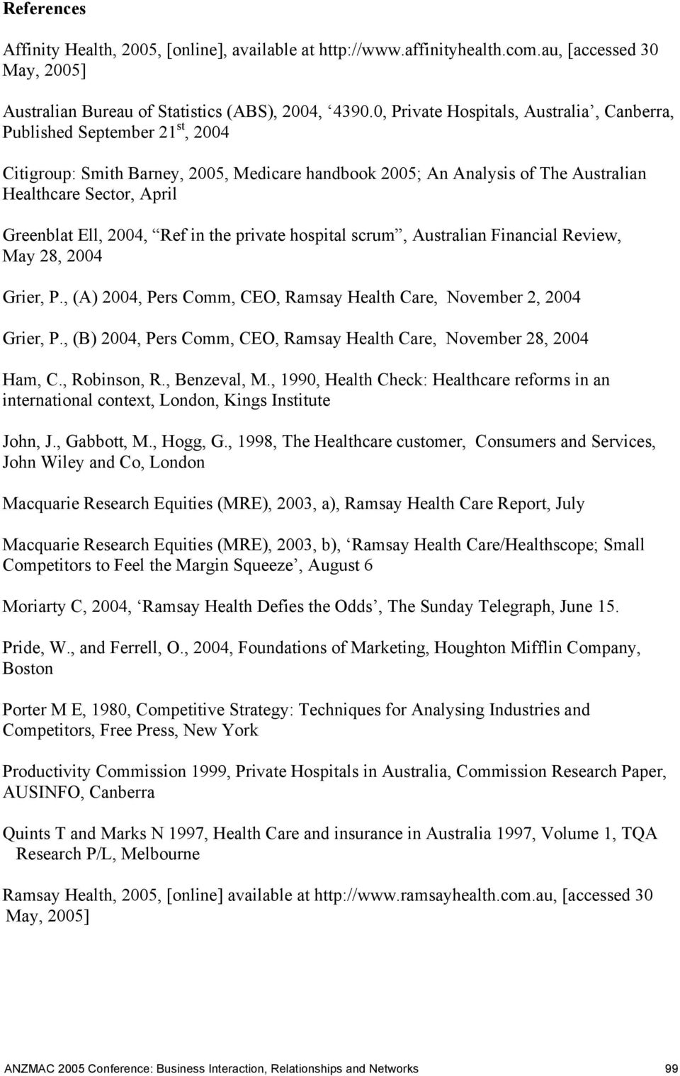 2004, Ref in the private hospital scrum, Australian Financial Review, May 28, 2004 Grier, P., (A) 2004, Pers Comm, CEO, Ramsay Health Care, November 2, 2004 Grier, P.