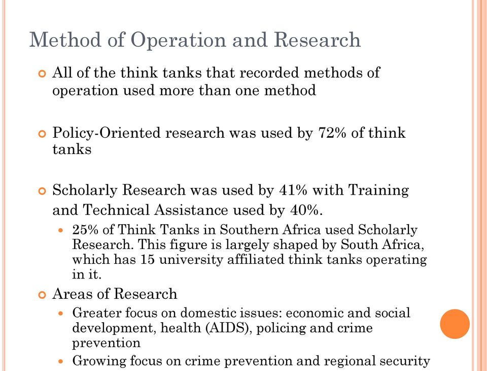 25% of Think Tanks in Southern Africa used Scholarly Research.